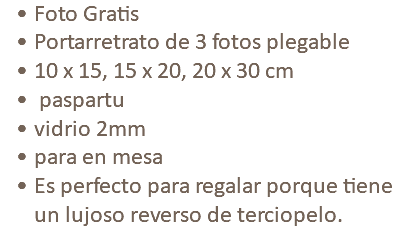 Foto Gratis Portarretrato de 3 fotos plegable 10 x 15, 15 x 20, 20 x 30 cm paspartu vidrio 2mm para en mesa Es perfecto para regalar porque tiene un lujoso reverso de terciopelo.